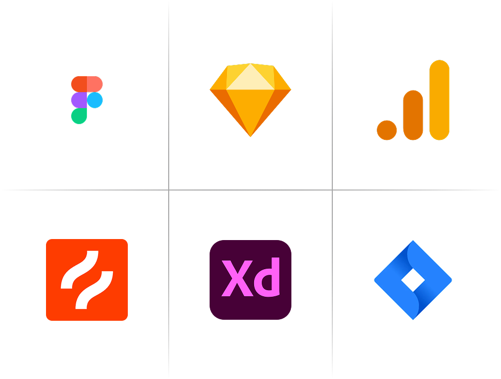 A grid with figma, sketch, google analytics, adobe xd hotejar and jira icons